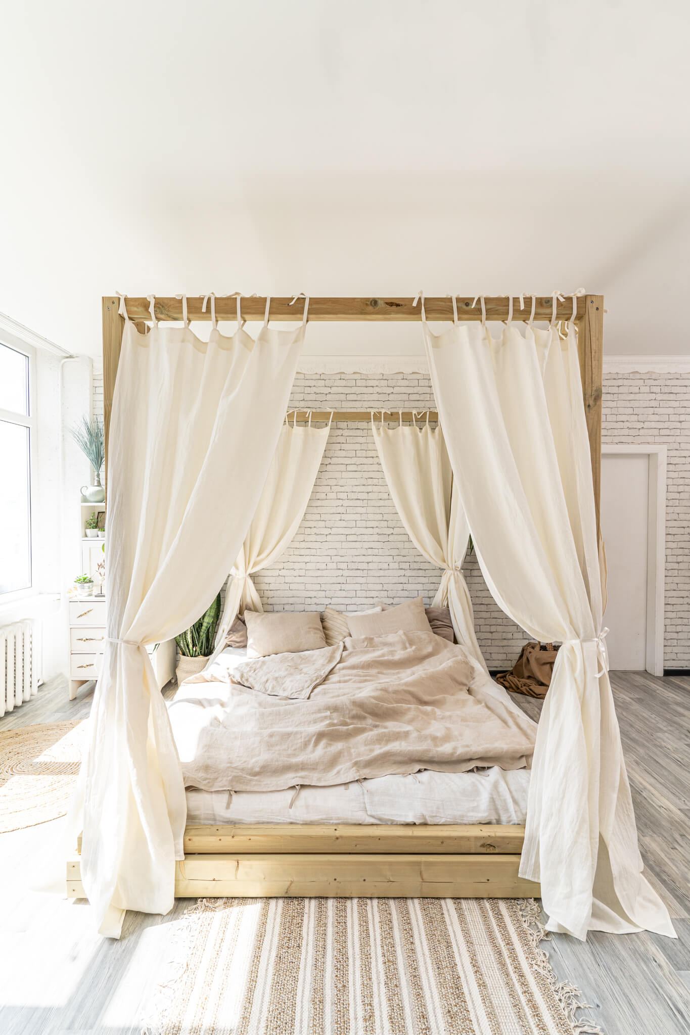 Canopy bed linen curtain panel with ties in Off White color (1pcs)
