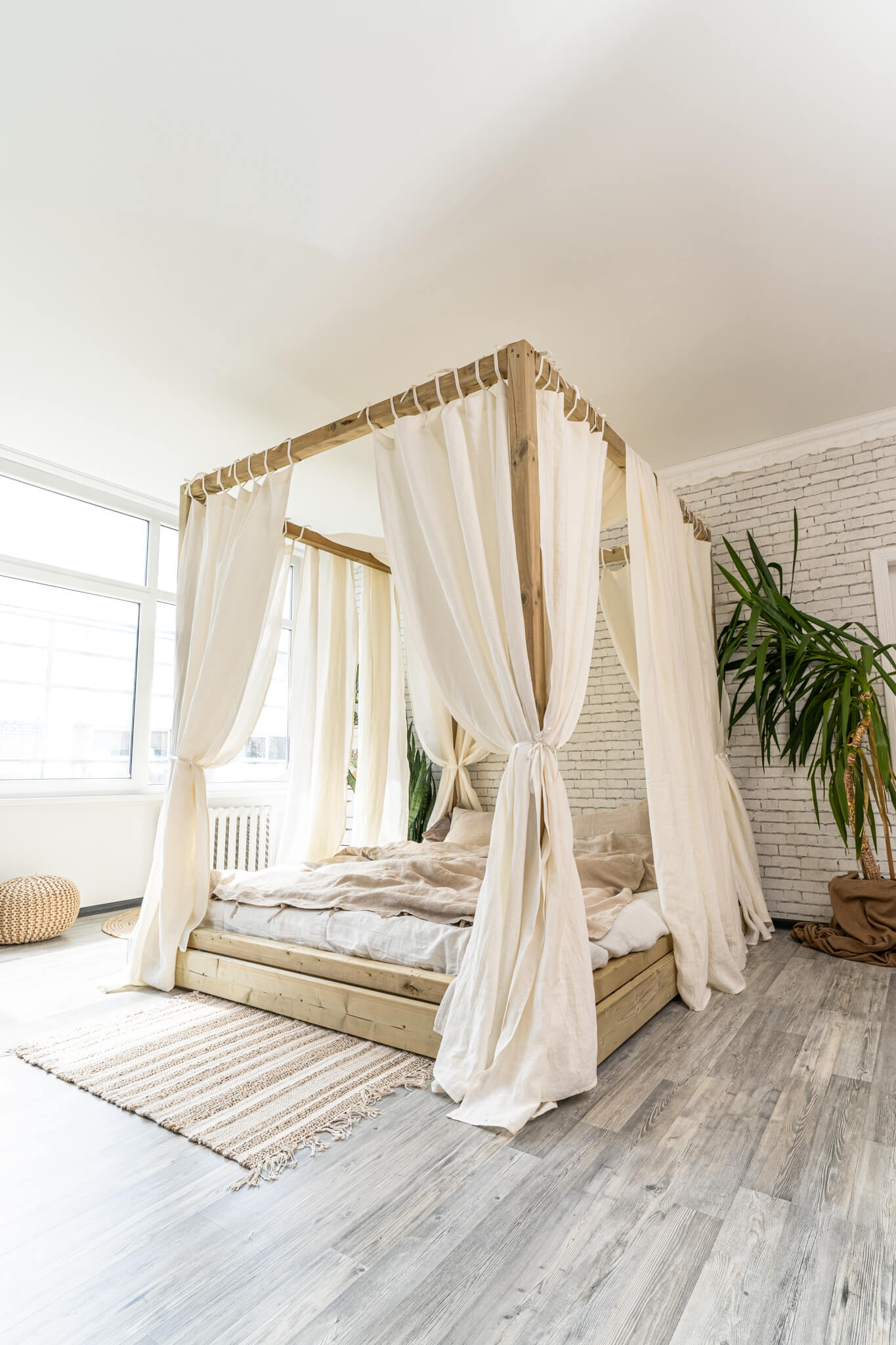 Canopy bed linen curtain panel with ties in Off White color (1pcs)