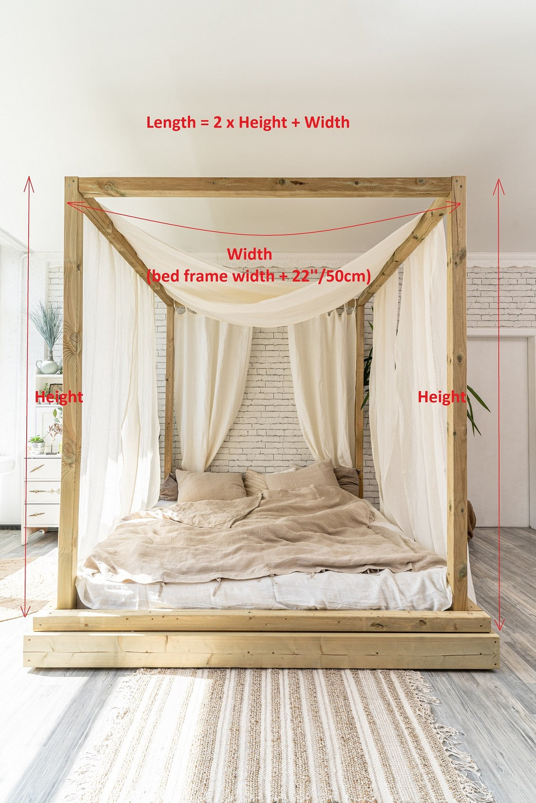 Set of 2 linen curtain scarfs for canopy bed in Off White/ linen baldachin for bed