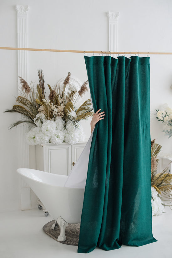 Luxury linen shower curtain in Emerald Green color