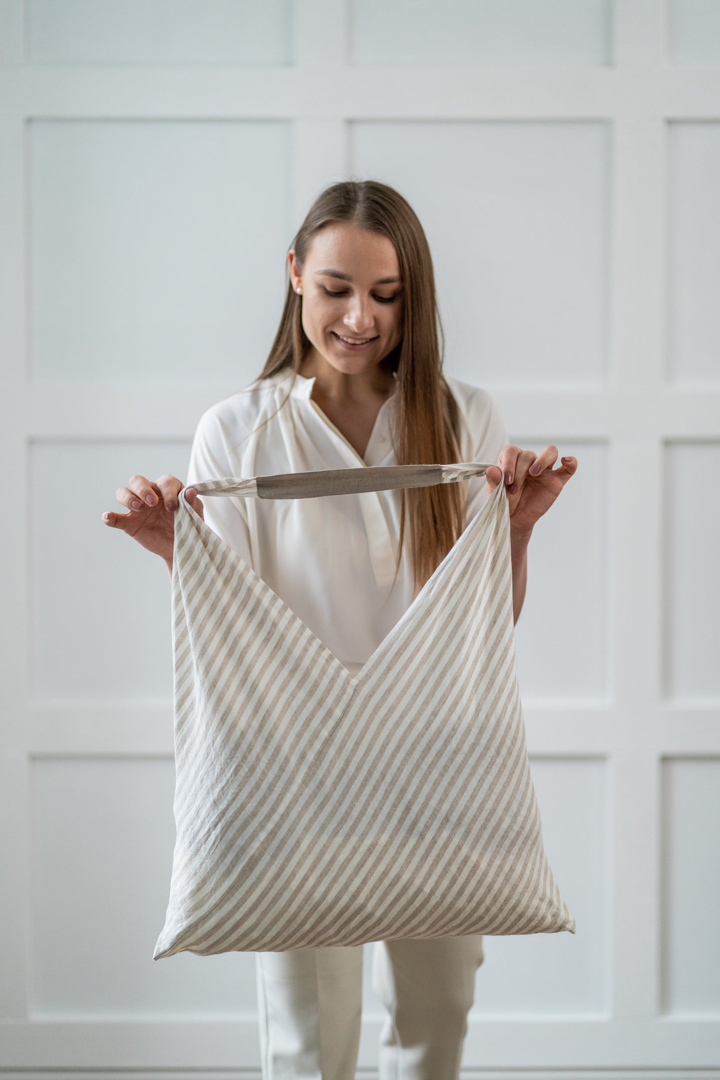 Large Striped Natural linen tote bag