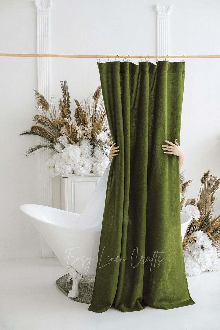 Linen shower curtain with waterproof liner in Moss Green color. Custom sizes available - Easy Linen Crafts