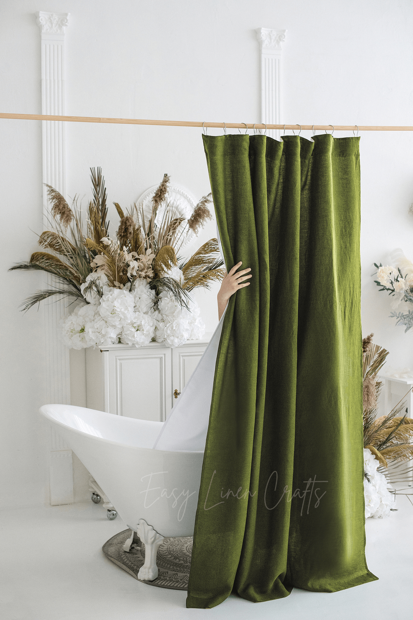 Linen shower curtain with waterproof liner in Moss Green color. Custom sizes available - Easy Linen Crafts