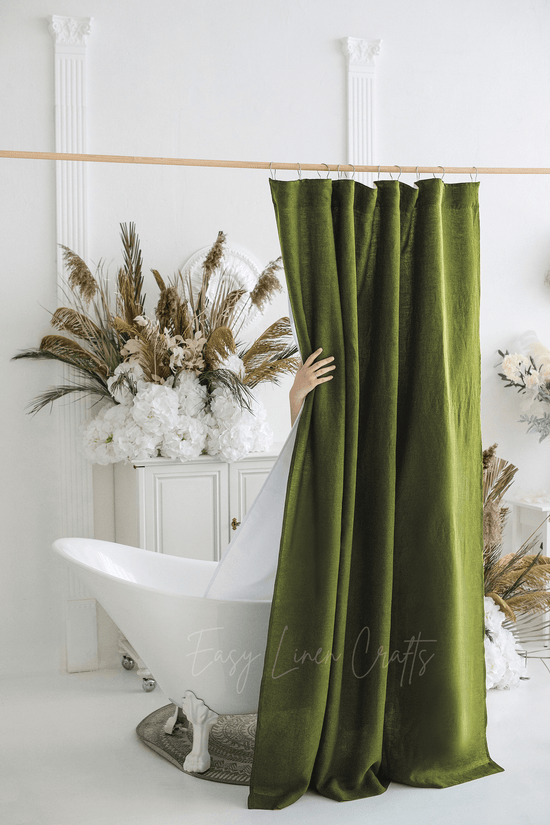 Linen shower drape with waterproof lining in Moss Green color
