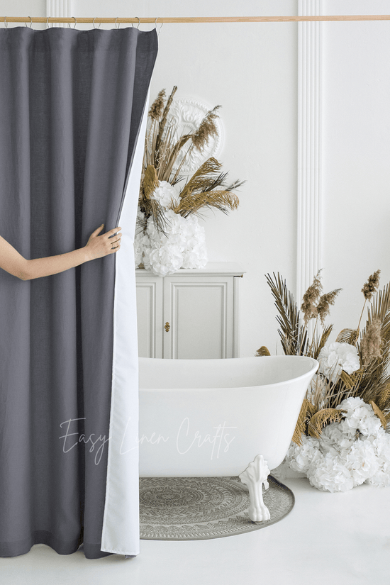 Linen shower drape with waterproof lining in Dark Grey color