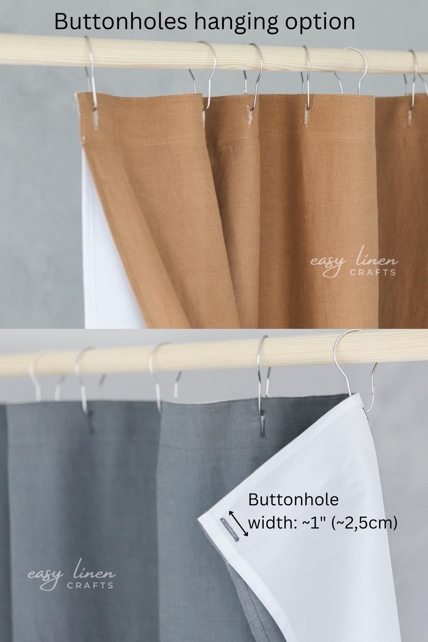 Brown and gray curtains with buttonholes hanging on a rod