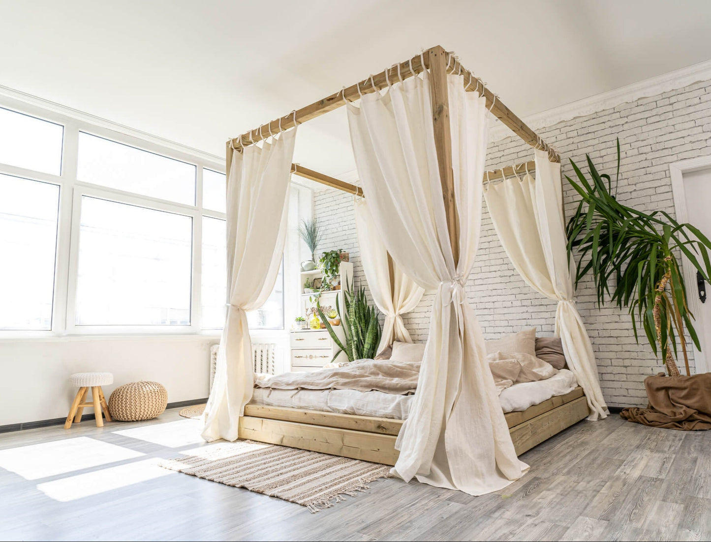 Canopy bed linen curtain panel with ties in Off White color