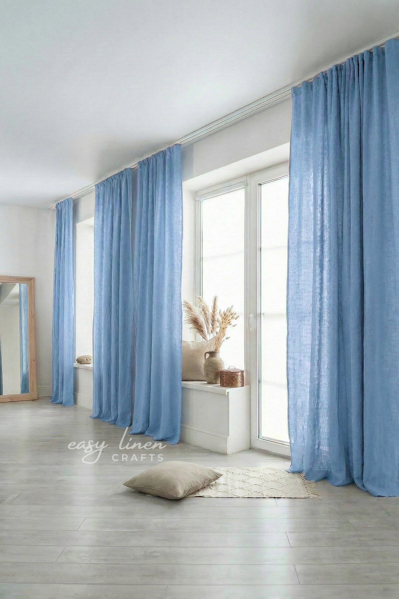 Linen curtain panel in Light Blue with back tabs and ceiling track tape (1 Panel)