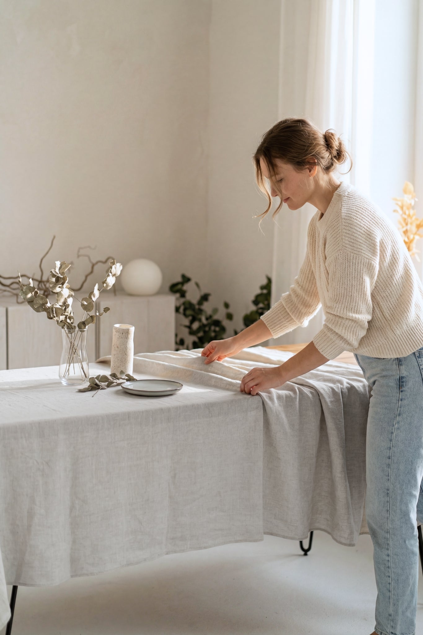 Linen tablecloth in Natural Light color. 