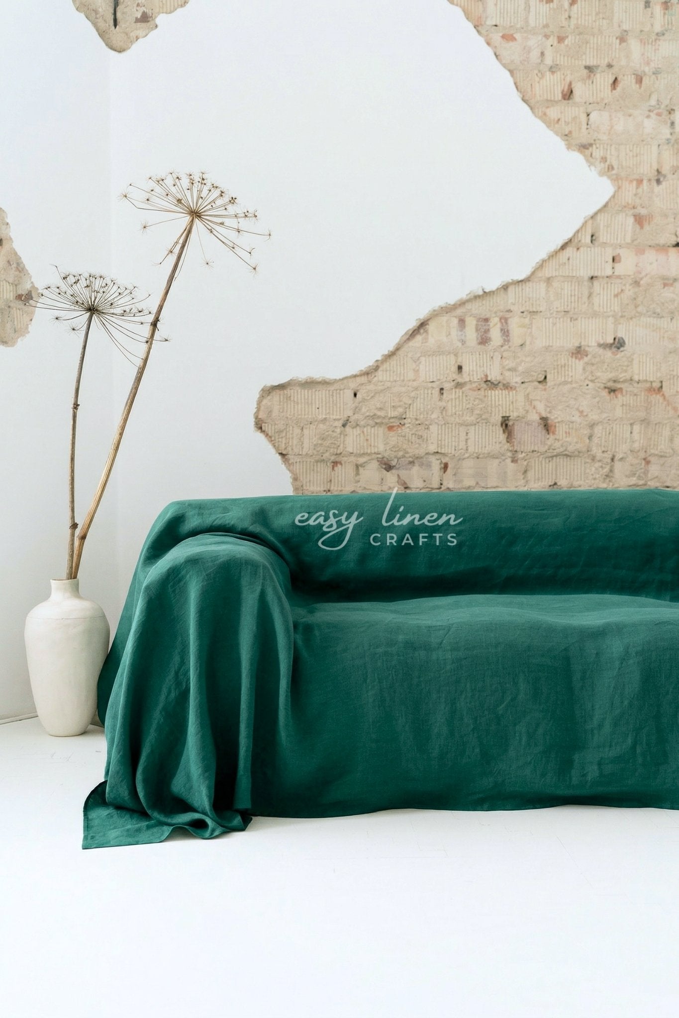 Linen sofa cover in Emerald Green color