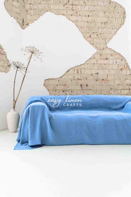 Linen couch cover in Light Blue color. Custom sizes available