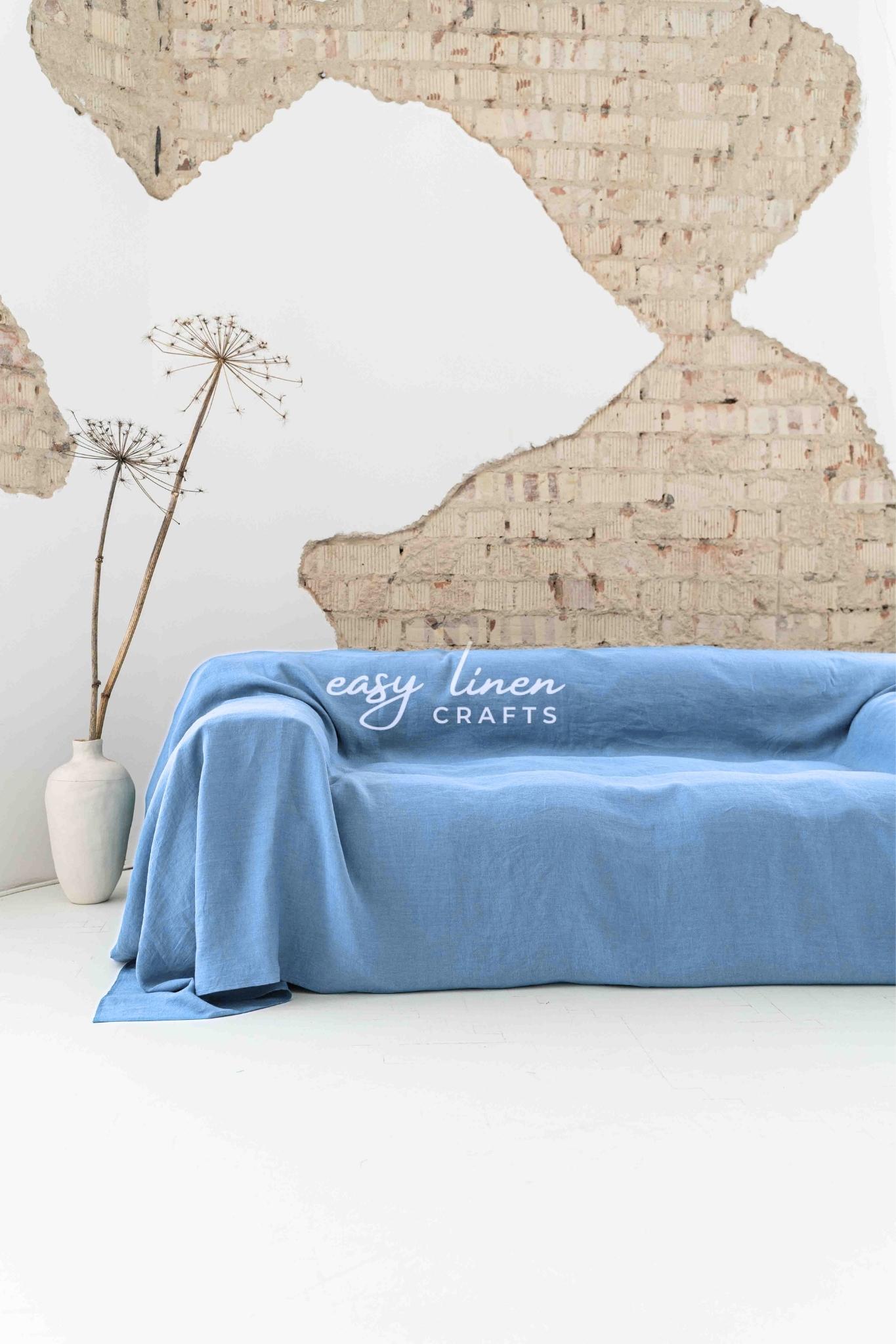 Linen couch cover in Light Blue color. Custom sizes available