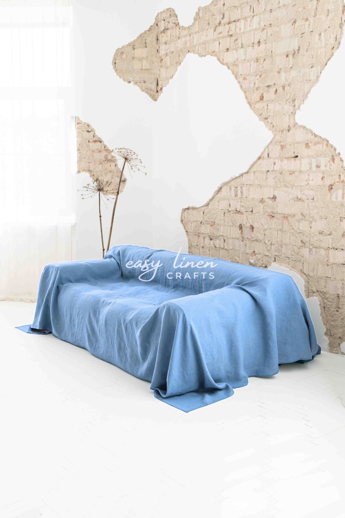 Linen couch cover in Light Blue color. Custom sizes available