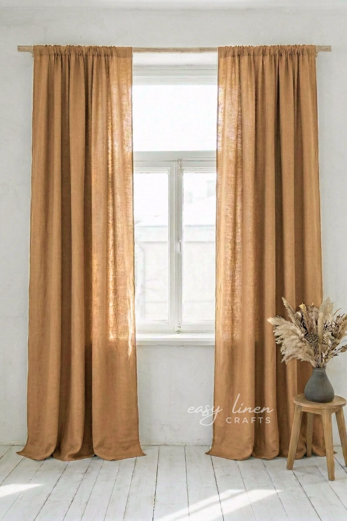 Linen curtain panel with rod pocket, Camel Brown color (1 Panel) - Easy Linen Crafts