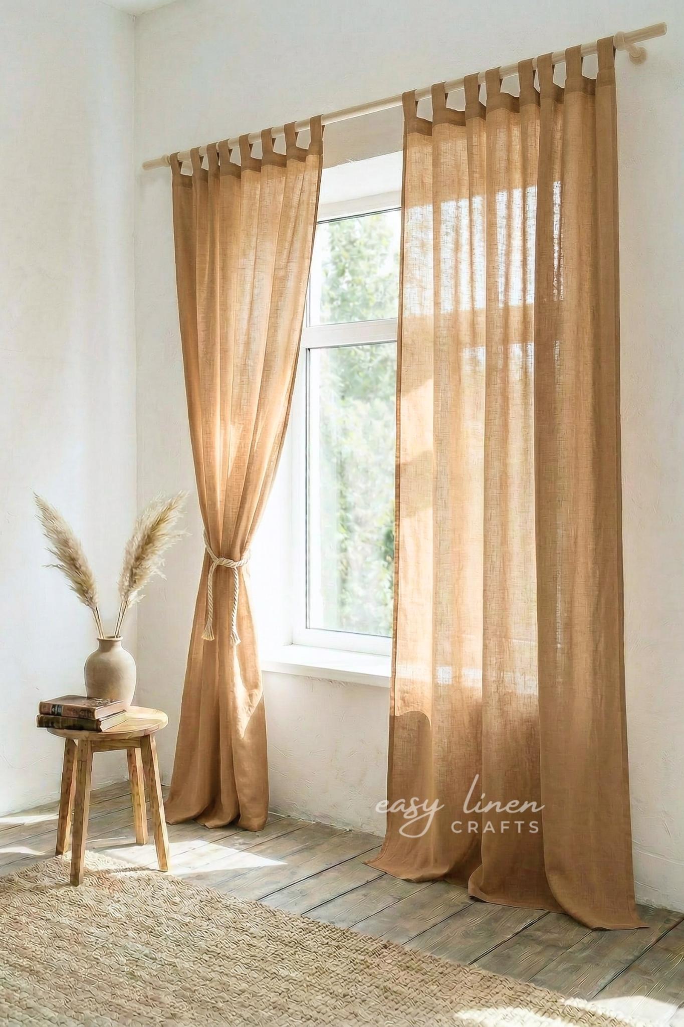 Linen curtain panel with tab top, Camel Brown color