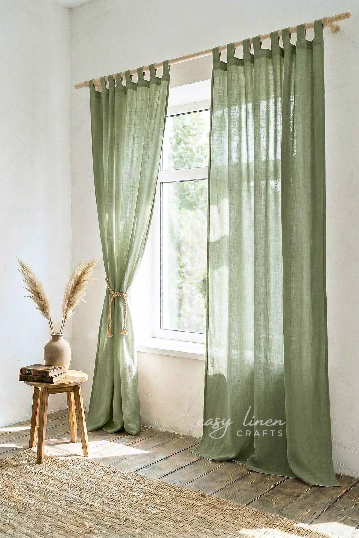 Linen curtain panel with tab top, Kaki Green color