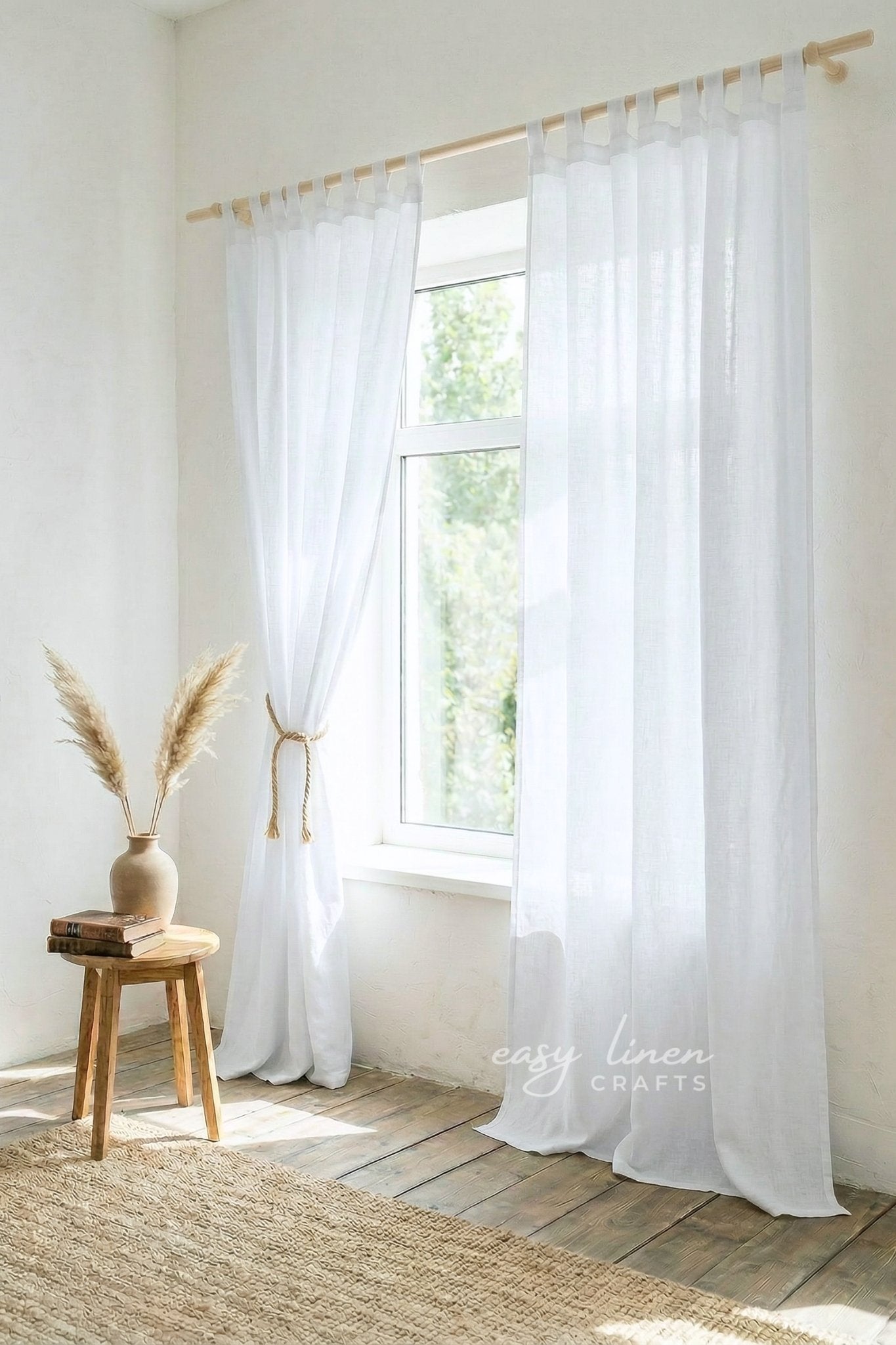 Linen curtain panel with tab top, White color 