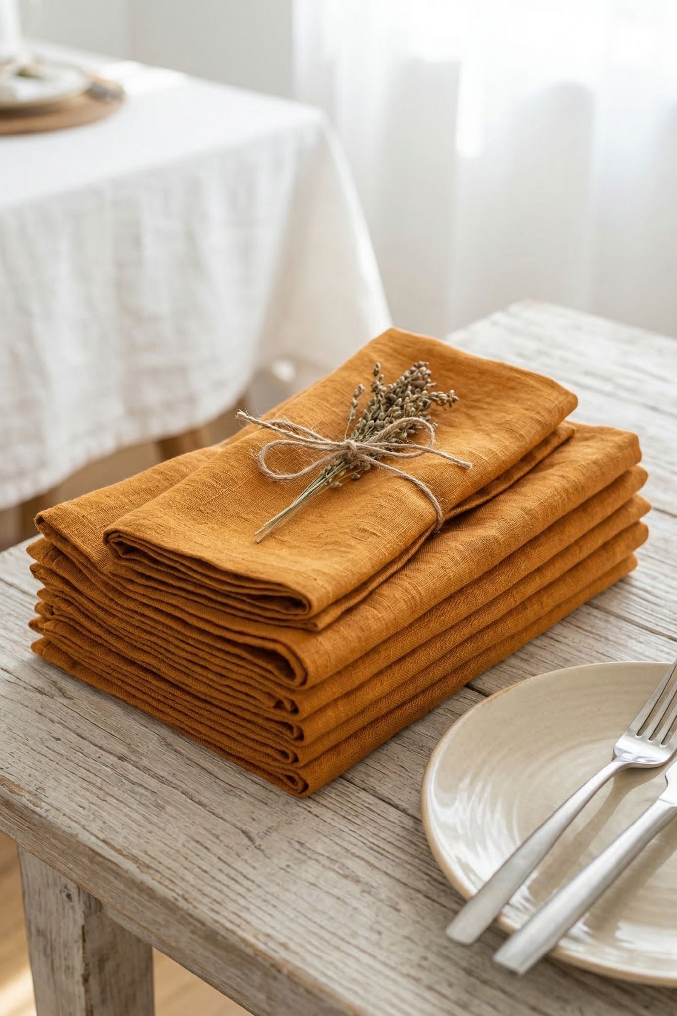 Stack of mustard yellow napkins on a wooden table with a white plate and silverware.