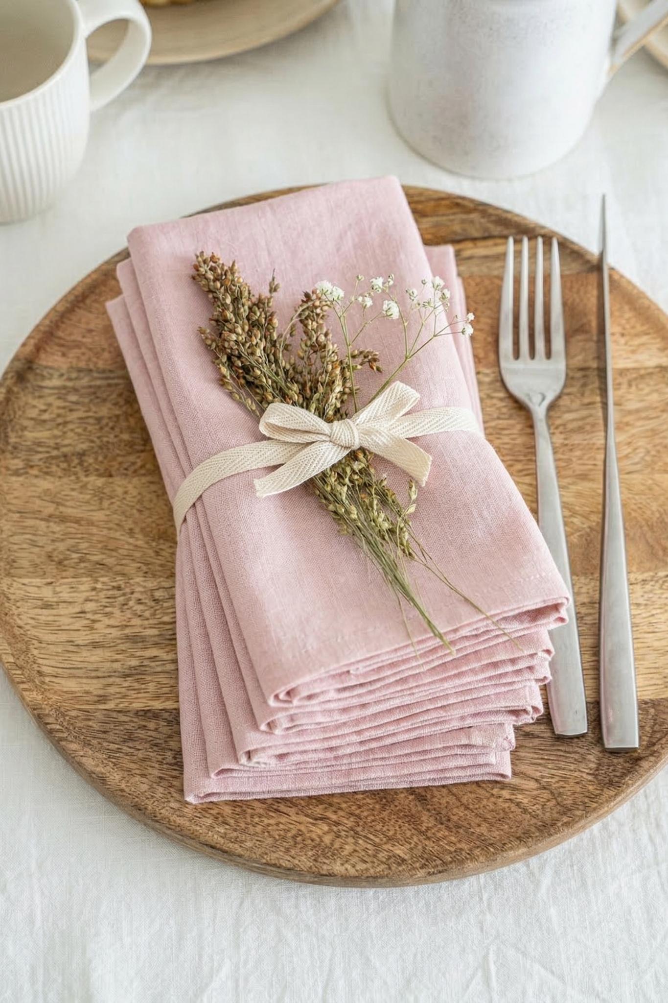Stack of pink napkins with dried flowers and a bow on a wooden plate, with a white mug and silver fork in the background.