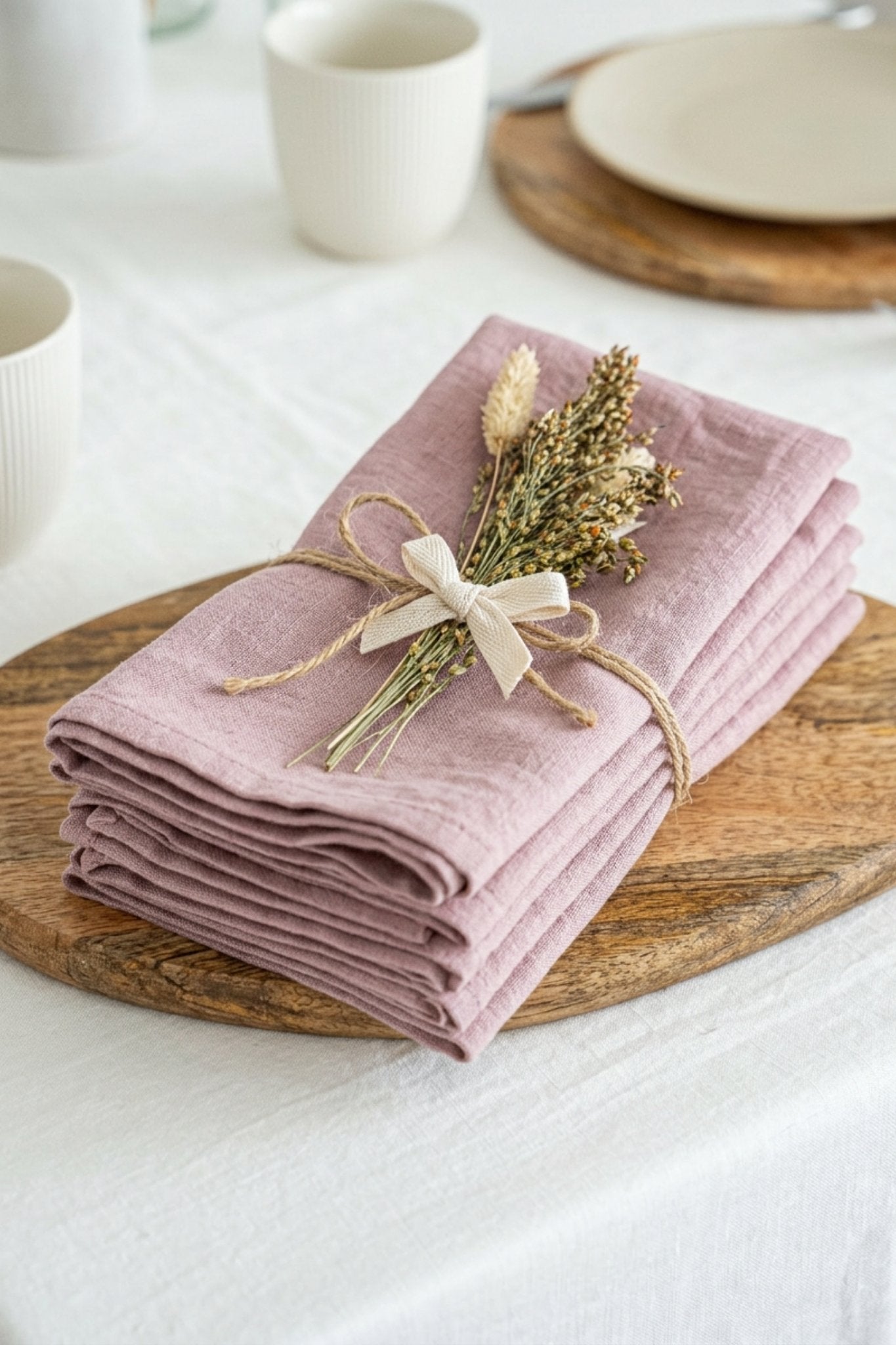 Stack of pink napkins with a decorative bow and dried flowers on a wooden board.