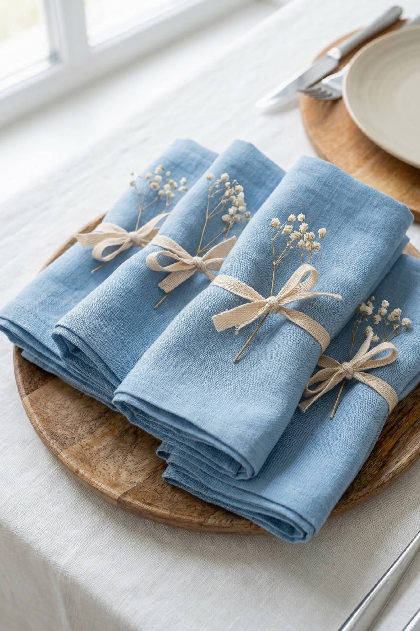 Set of blue napkins with decorative bows on a wooden tray