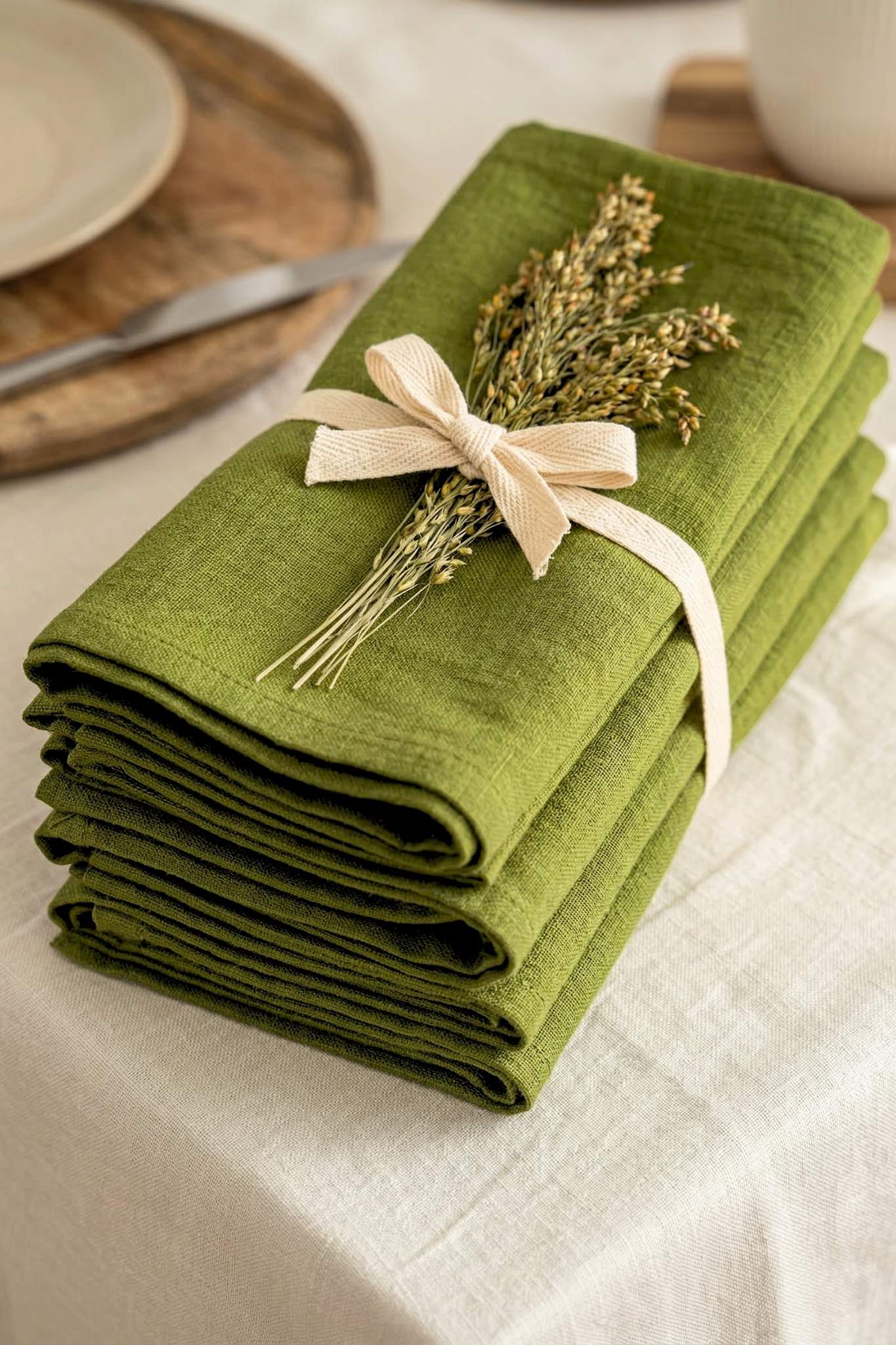 Stack of green napkins with a decorative bow and bundle of herbs on a neutral background
