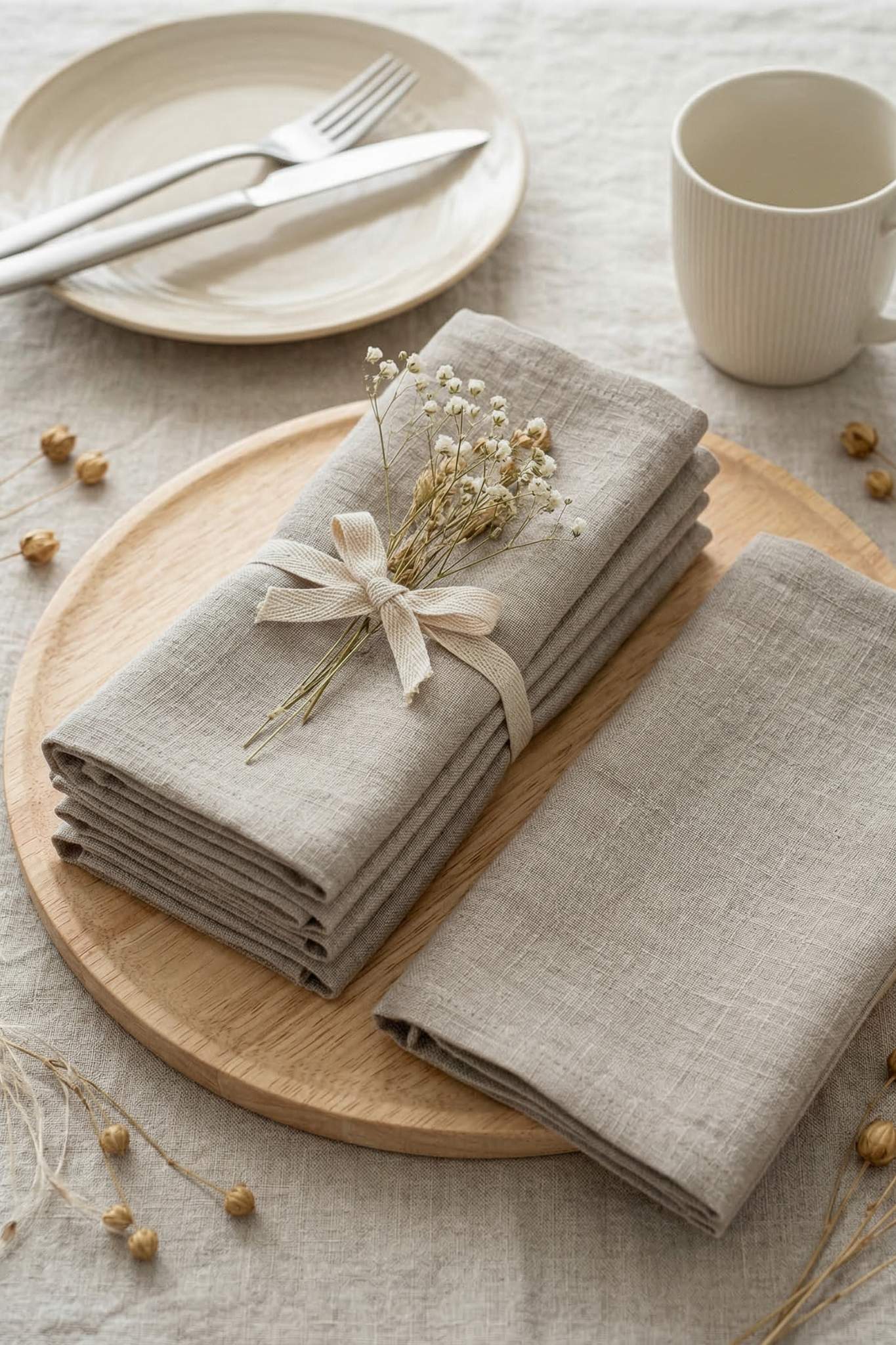 Set of folded beige napkins on a wooden plate with a cup and cutlery in the background.