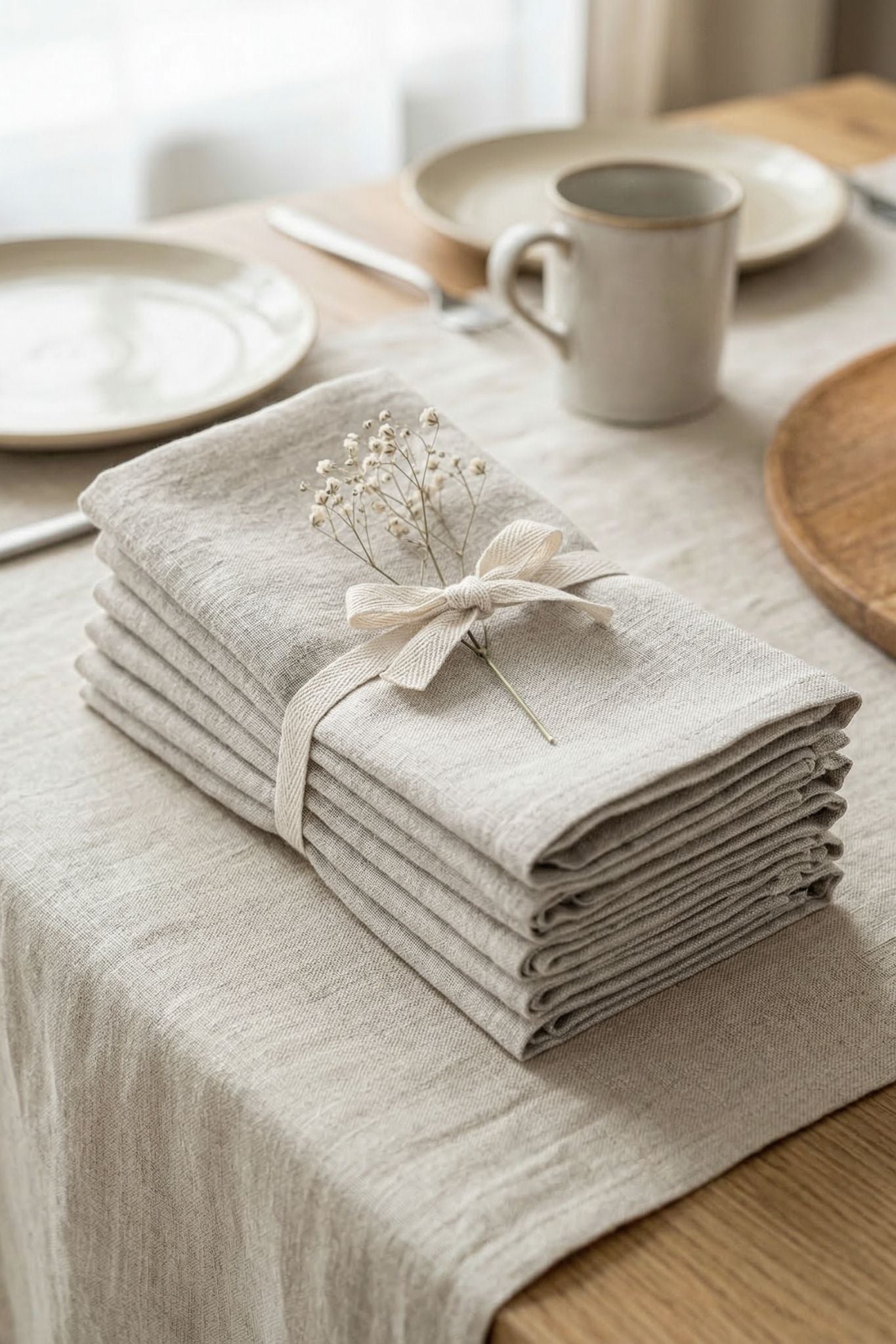 Stack of folded beige napkins tied with a ribbon on a table with plates and a mug.