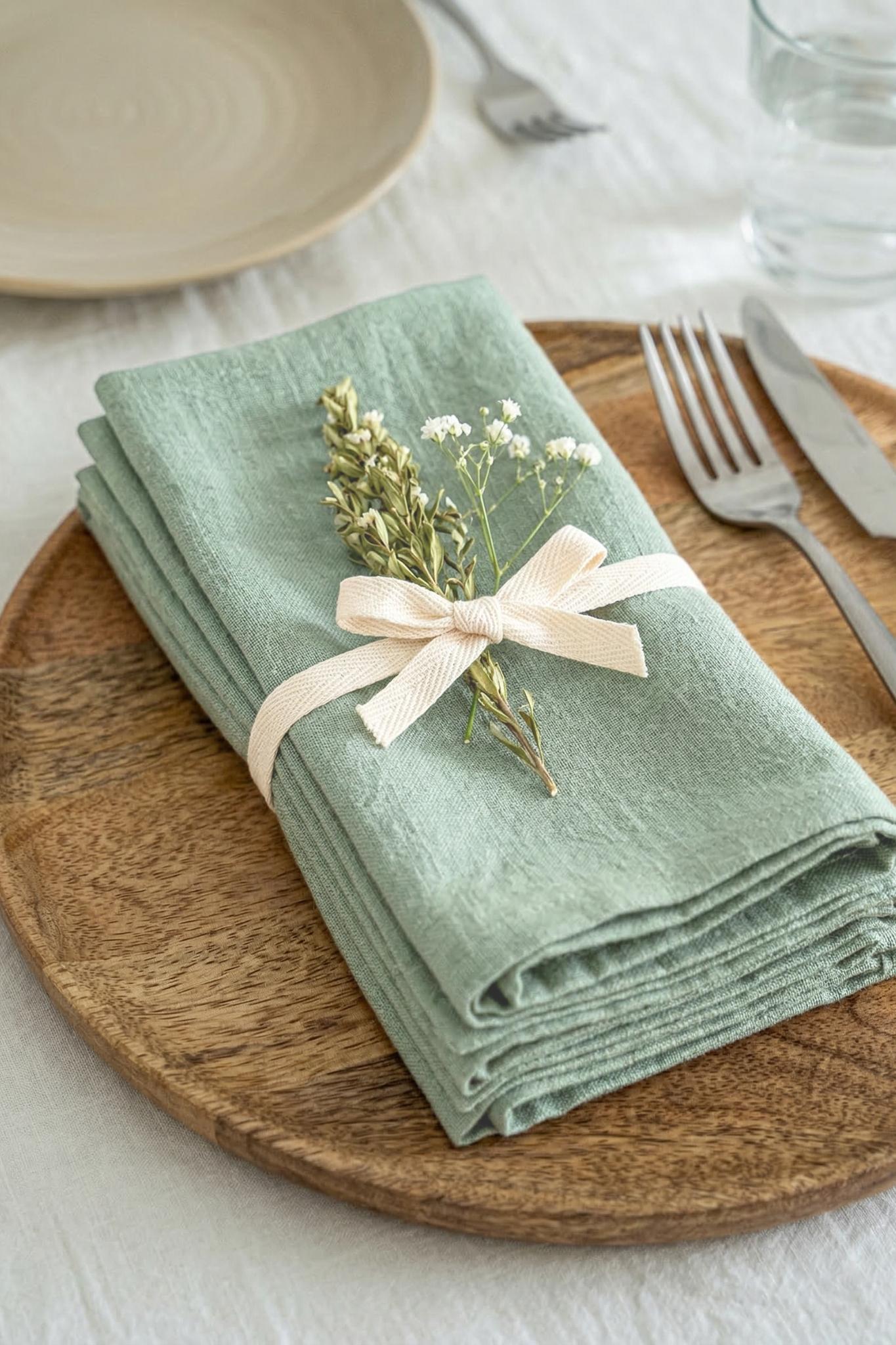 Green napkin with a decorative bow and flowers on a wooden plate