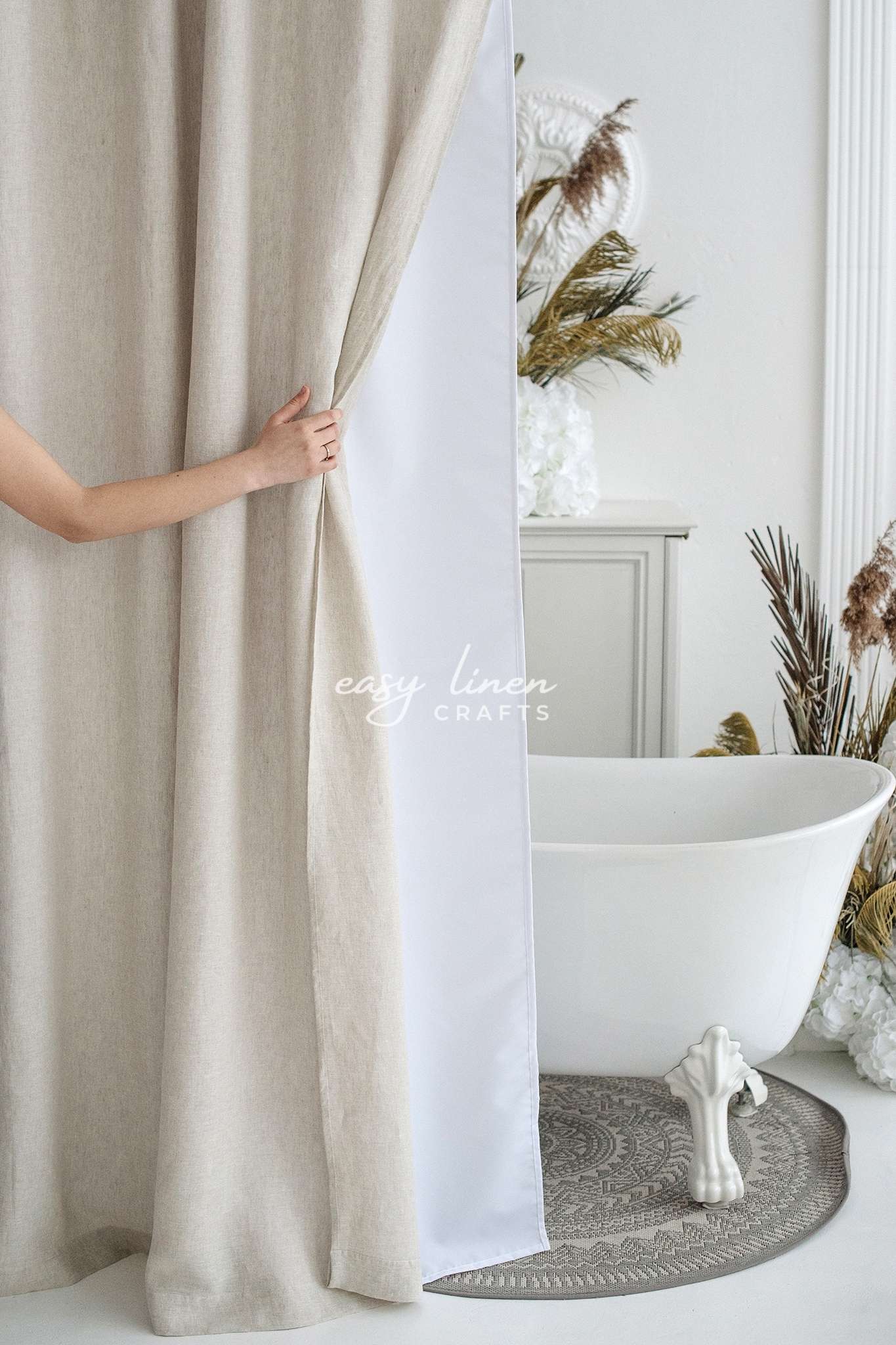 Linen shower curtain with waterproof liner in Natural Light color. Custom sizes available - Easy Linen Crafts