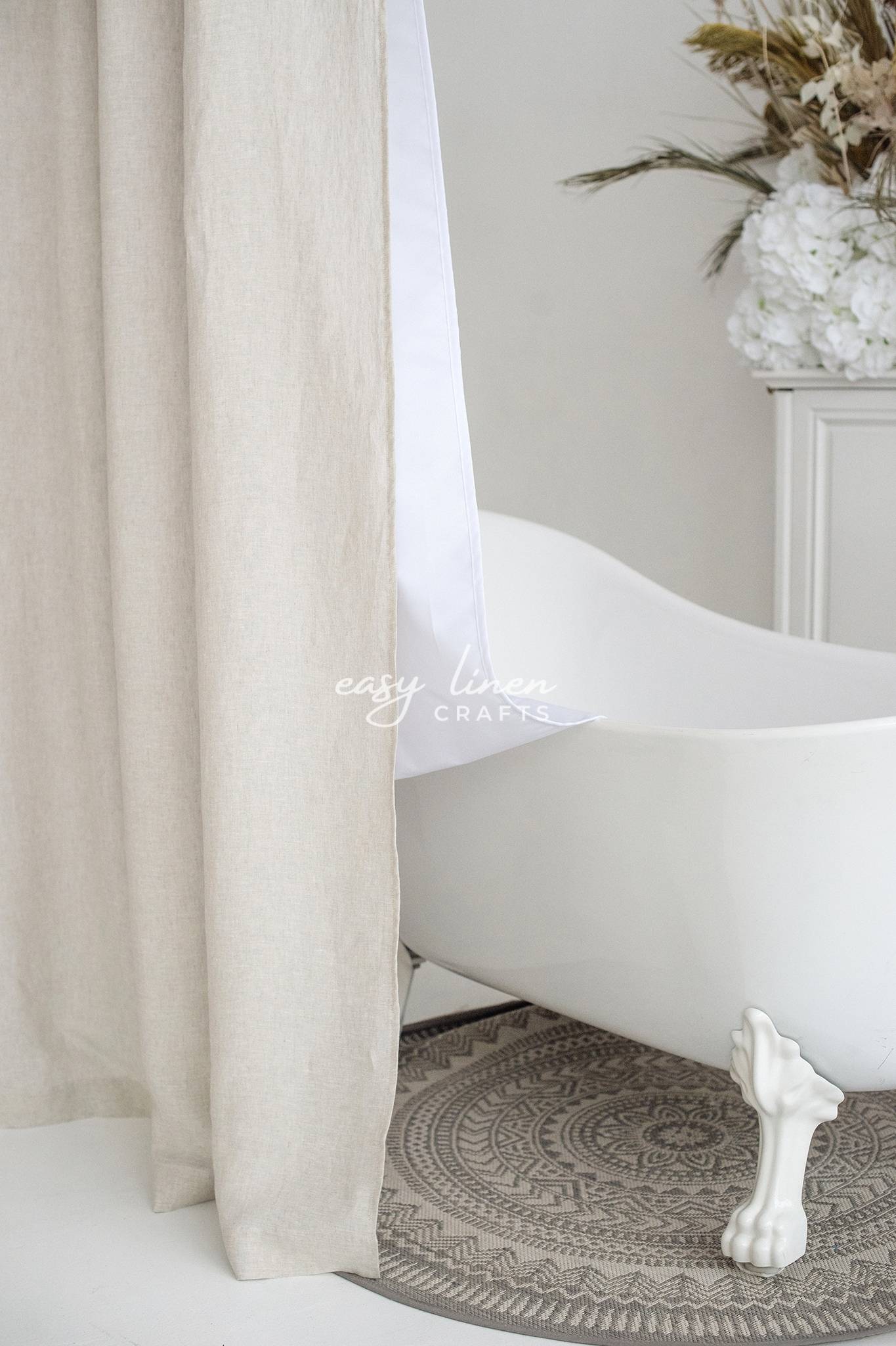 Linen shower curtain with waterproof liner in Natural Light color. Custom sizes available - Easy Linen Crafts