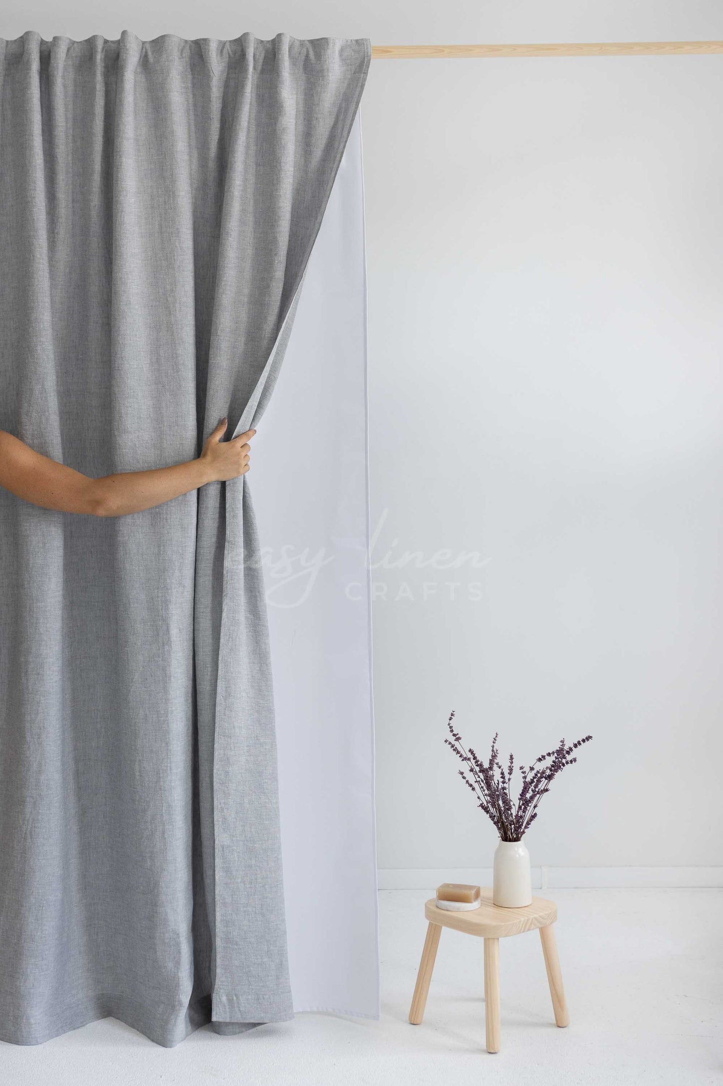 Linen shower curtain with waterproof liner in Melange Gray color. Custom sizes available