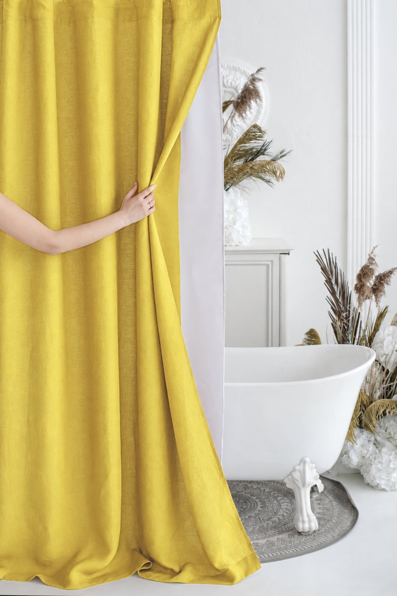 Linen shower curtain with waterproof liner in Yellow color. Custom sizes available