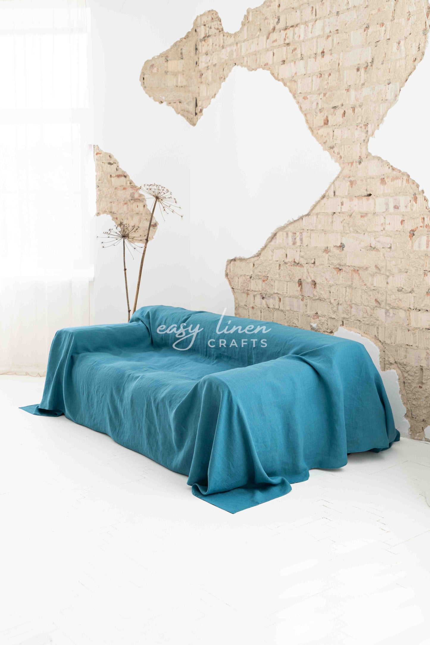 Linen couch cover in Blue color. Custom sizes available
