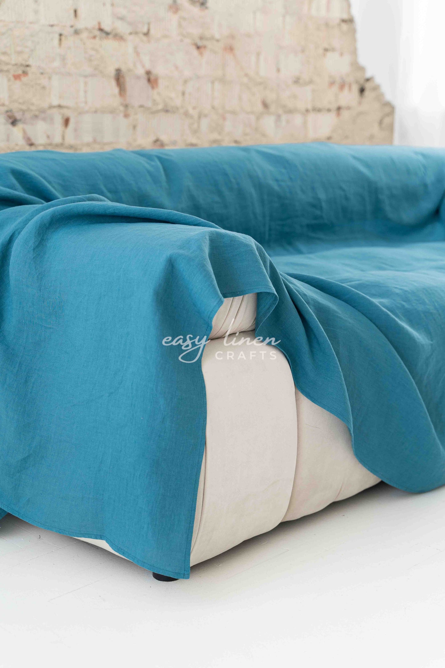 Linen couch cover in Blue color. Custom sizes available