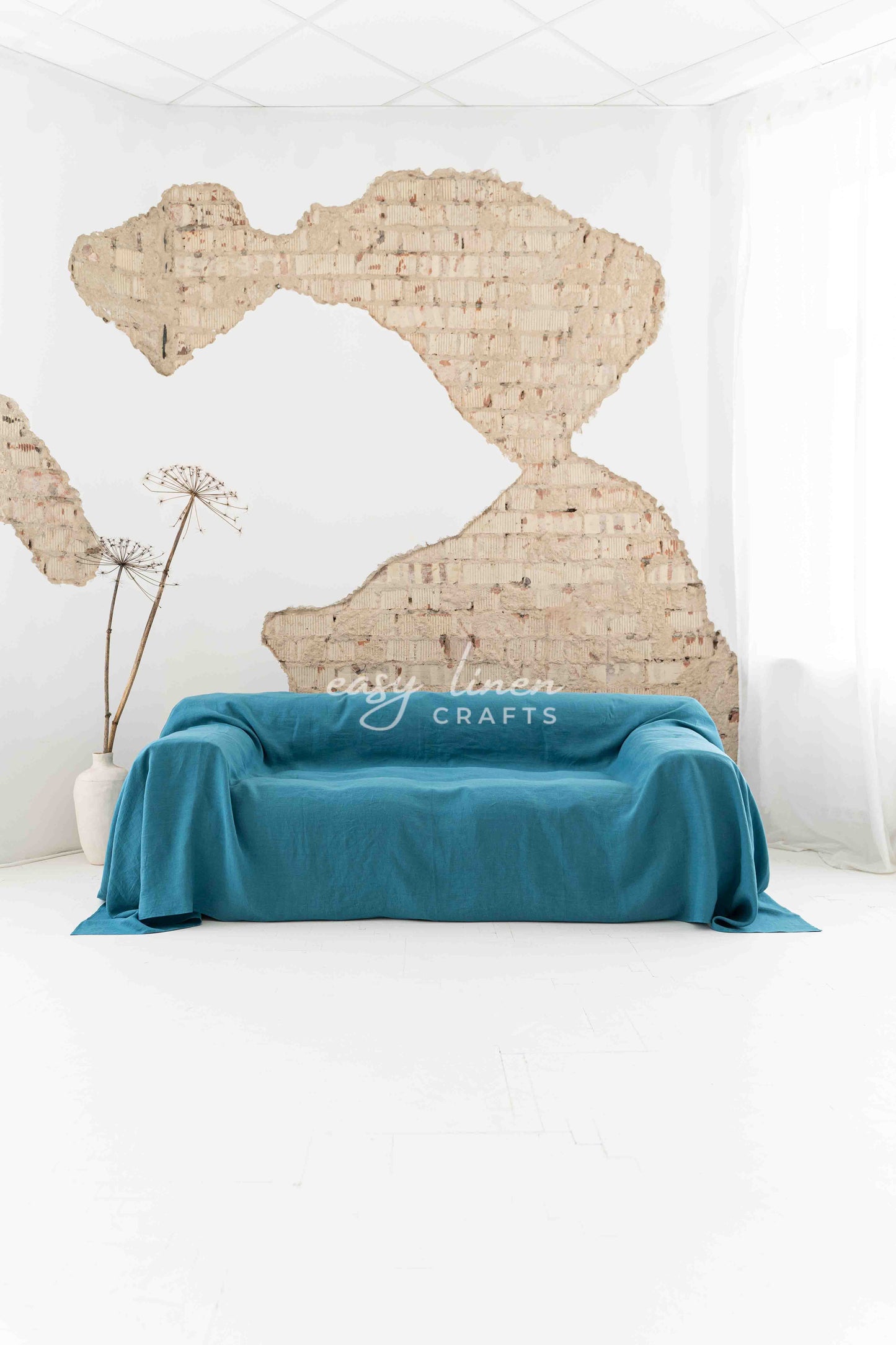 Linen couch cover in Blue color. Custom sizes available