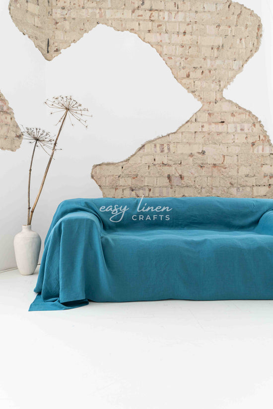 Linen couch cover in Blue color. Custom sizes available