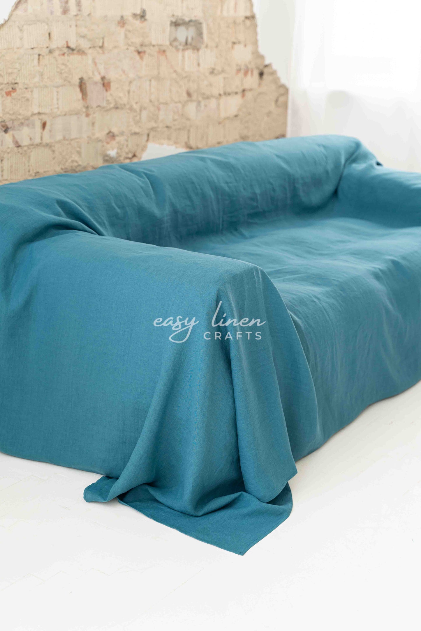 Linen couch cover in Blue color. Custom sizes available