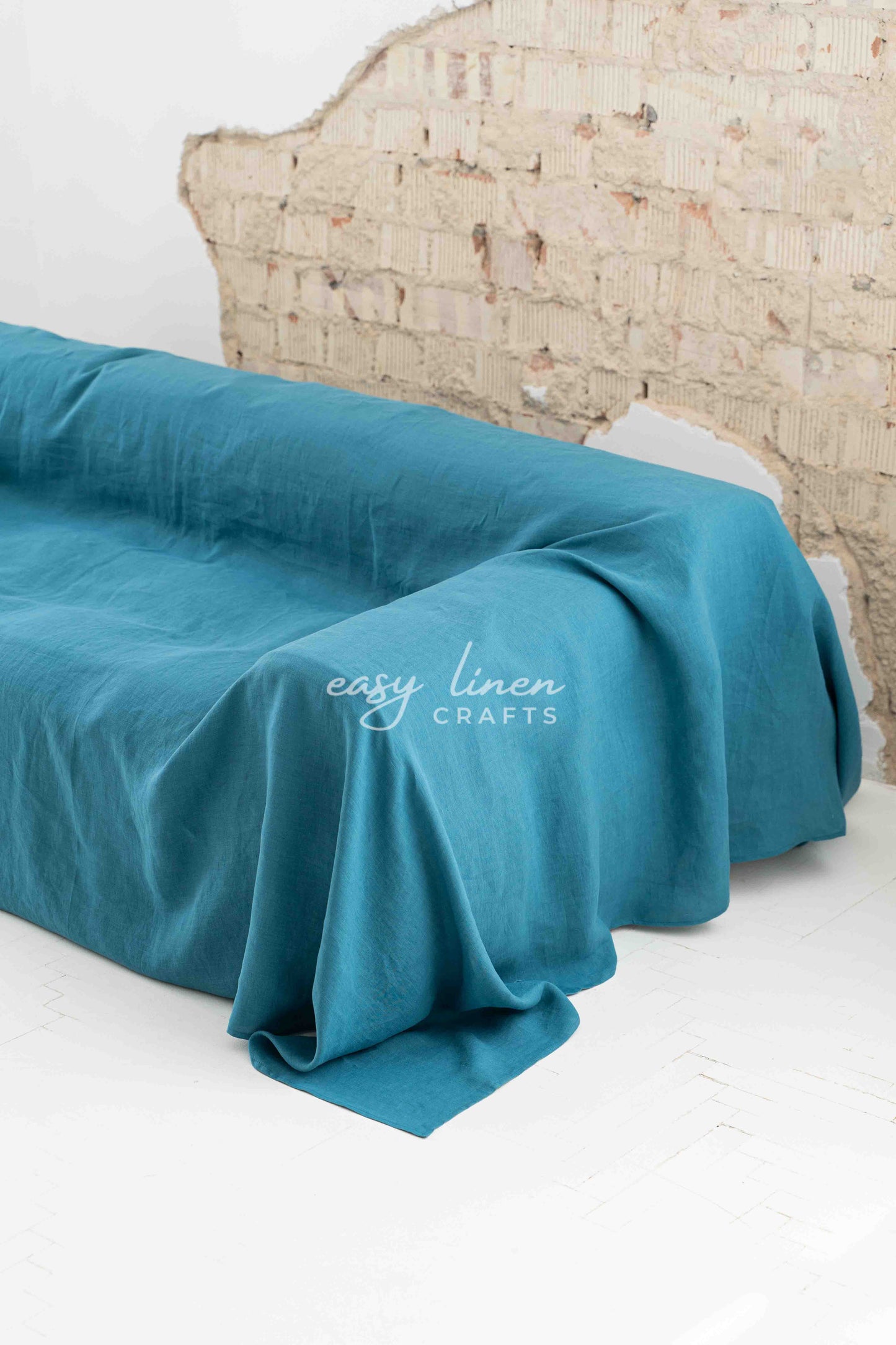 Linen couch cover in Blue color. Custom sizes available