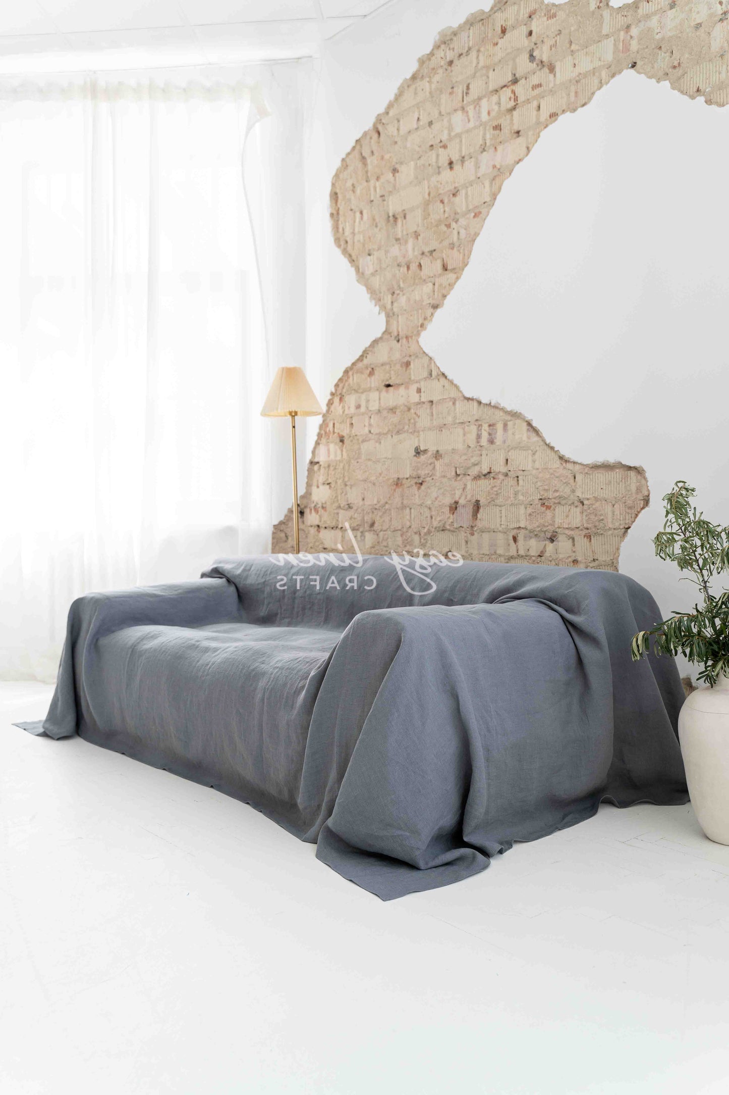 Linen couch cover in Dark Gray color. Custom sizes available