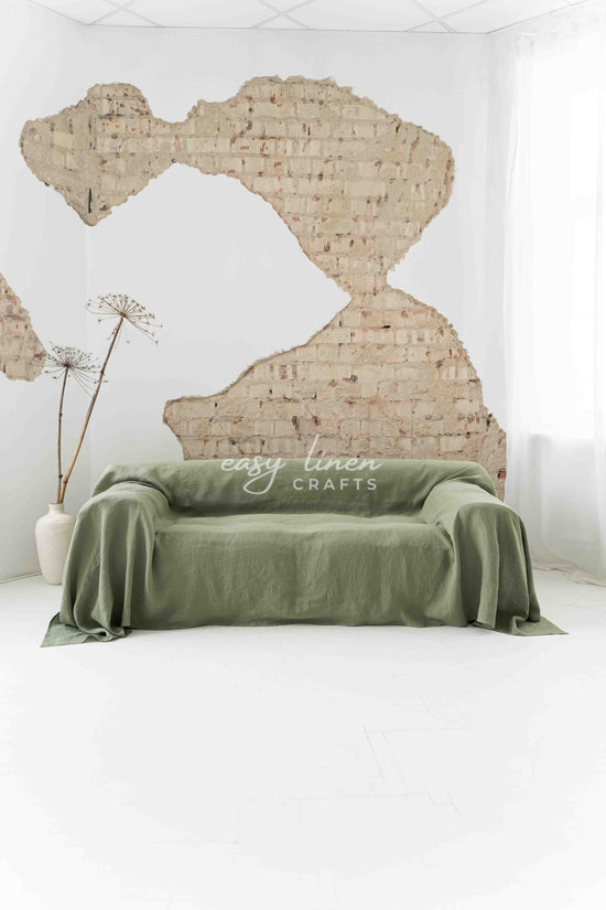 Linen couch cover in Khaki Green color. Custom sizes available