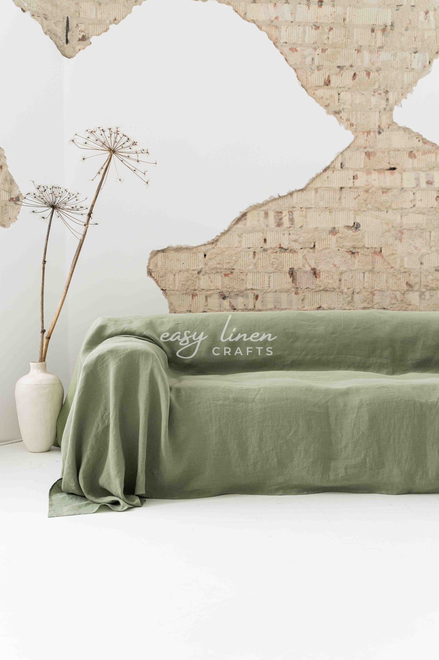 Linen couch cover in Khaki Green color. Custom sizes available