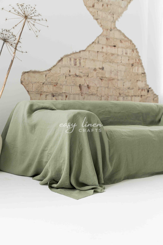 Linen couch cover in Khaki Green color. Custom sizes available