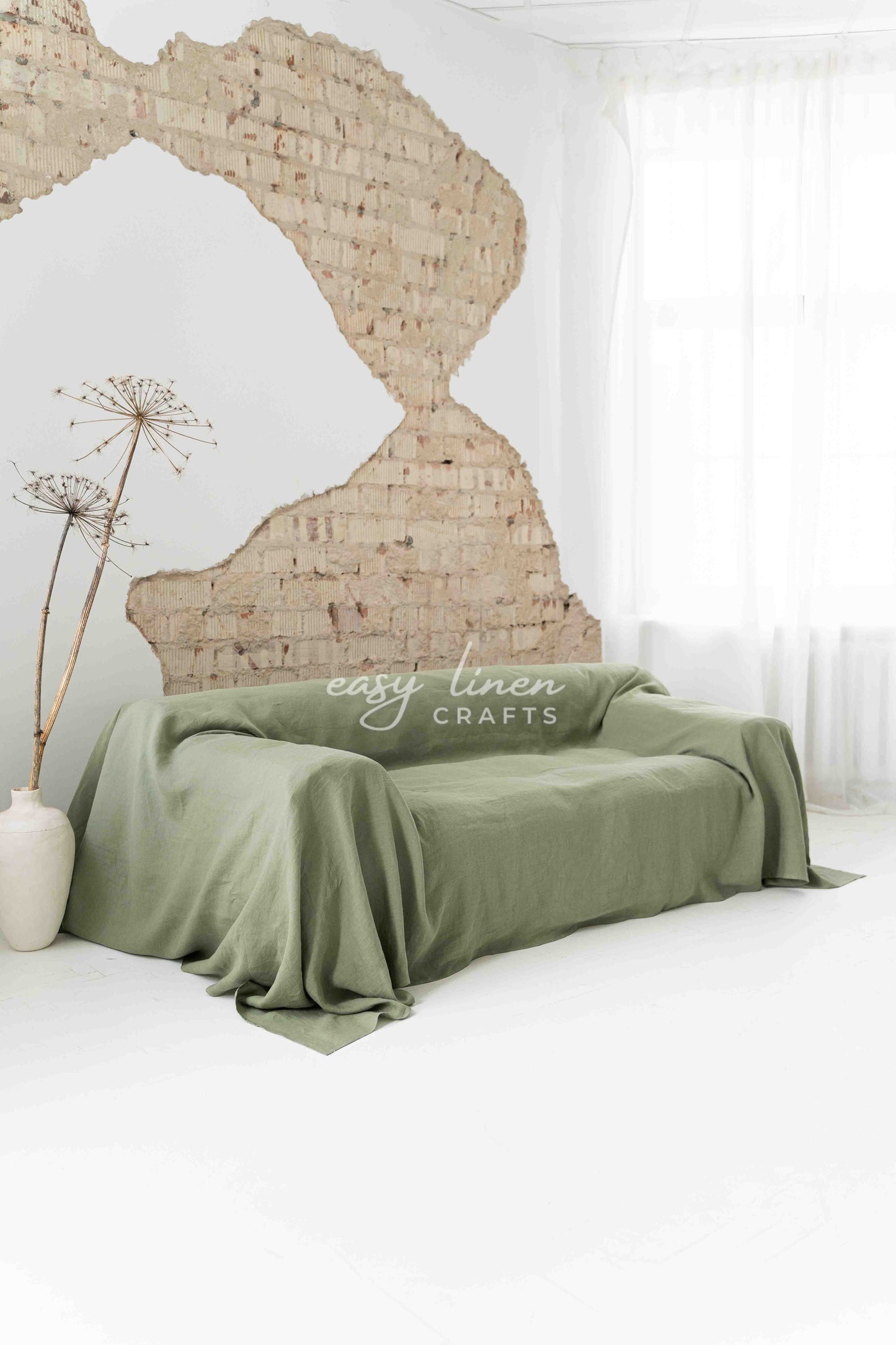 Linen couch cover in Khaki Green color. Custom sizes available