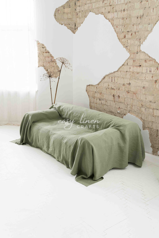 Linen couch cover in Khaki Green color. Custom sizes available