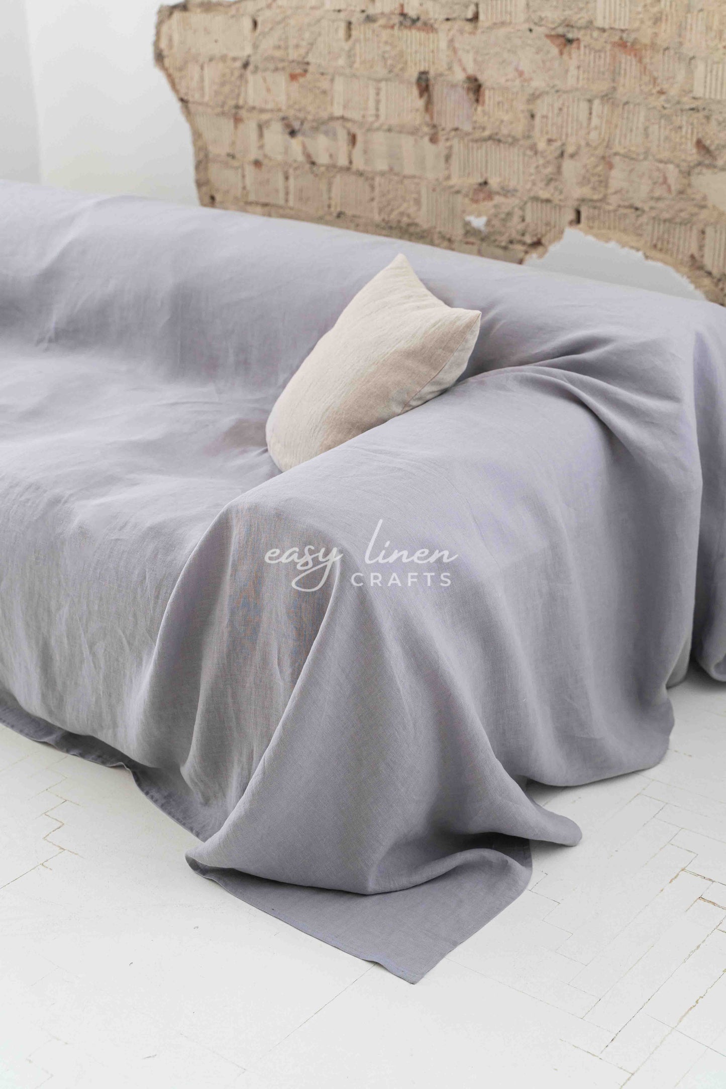 Linen couch cover in Light Gray color. Custom sizes available