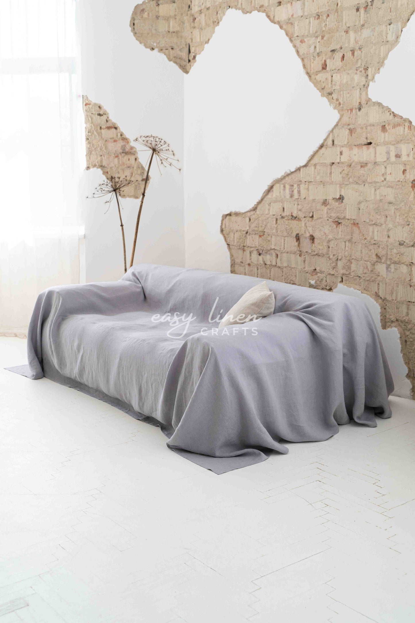 Linen couch cover in Light Gray color. Custom sizes available