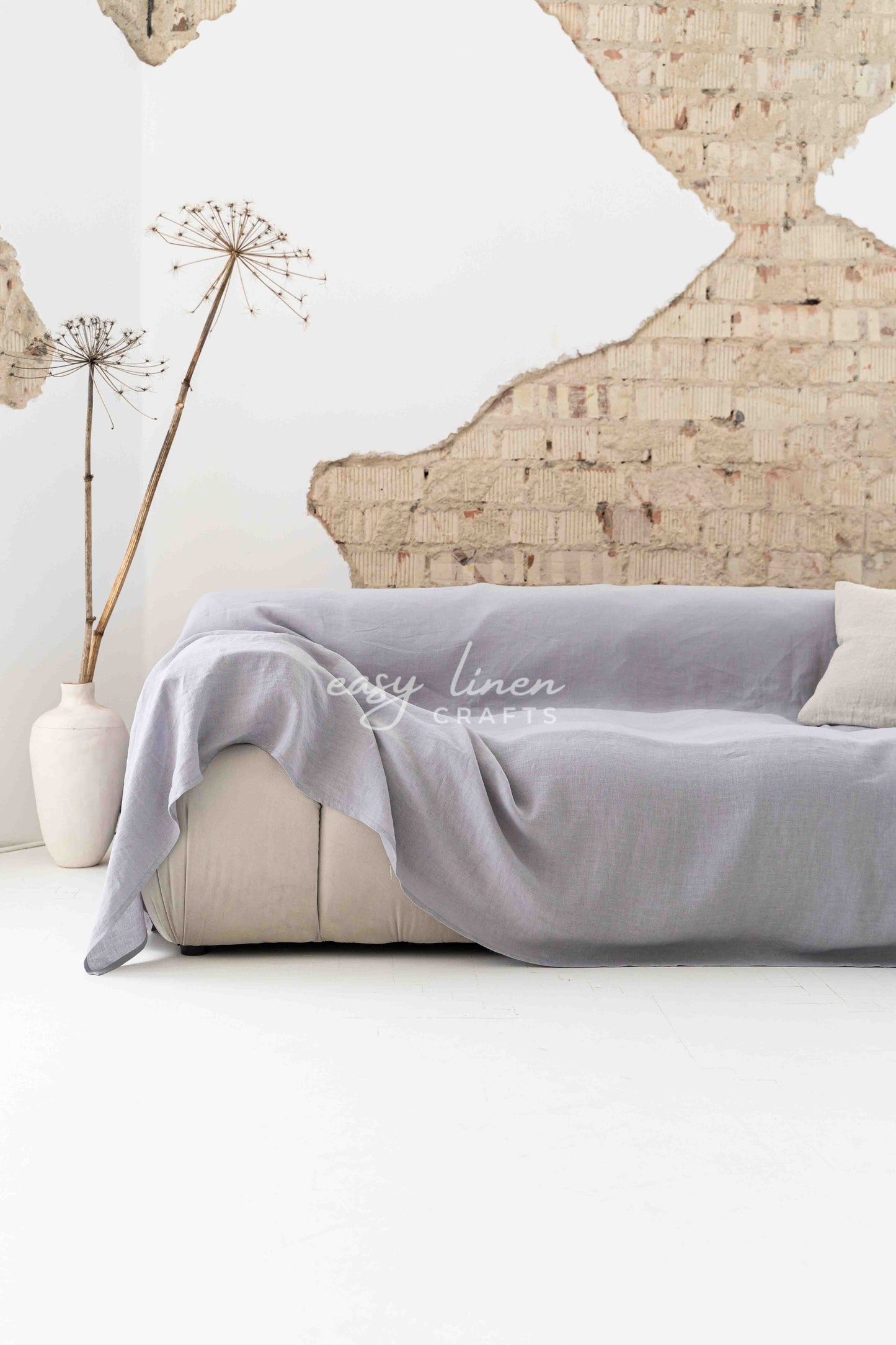 Linen couch cover in Light Gray color. Custom sizes available