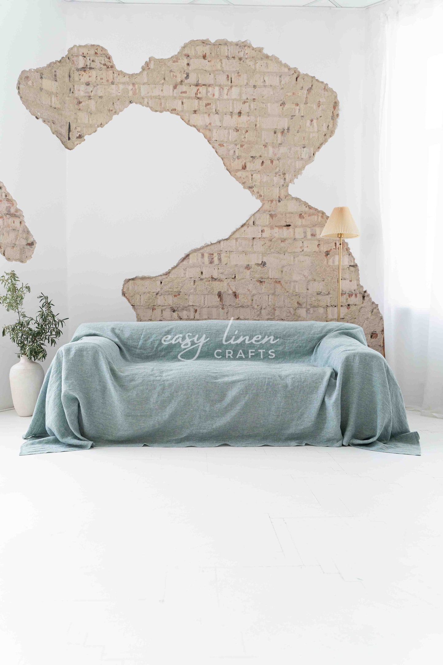 Linen couch cover in Melange Green color. Custom sizes available - Easy Linen Crafts