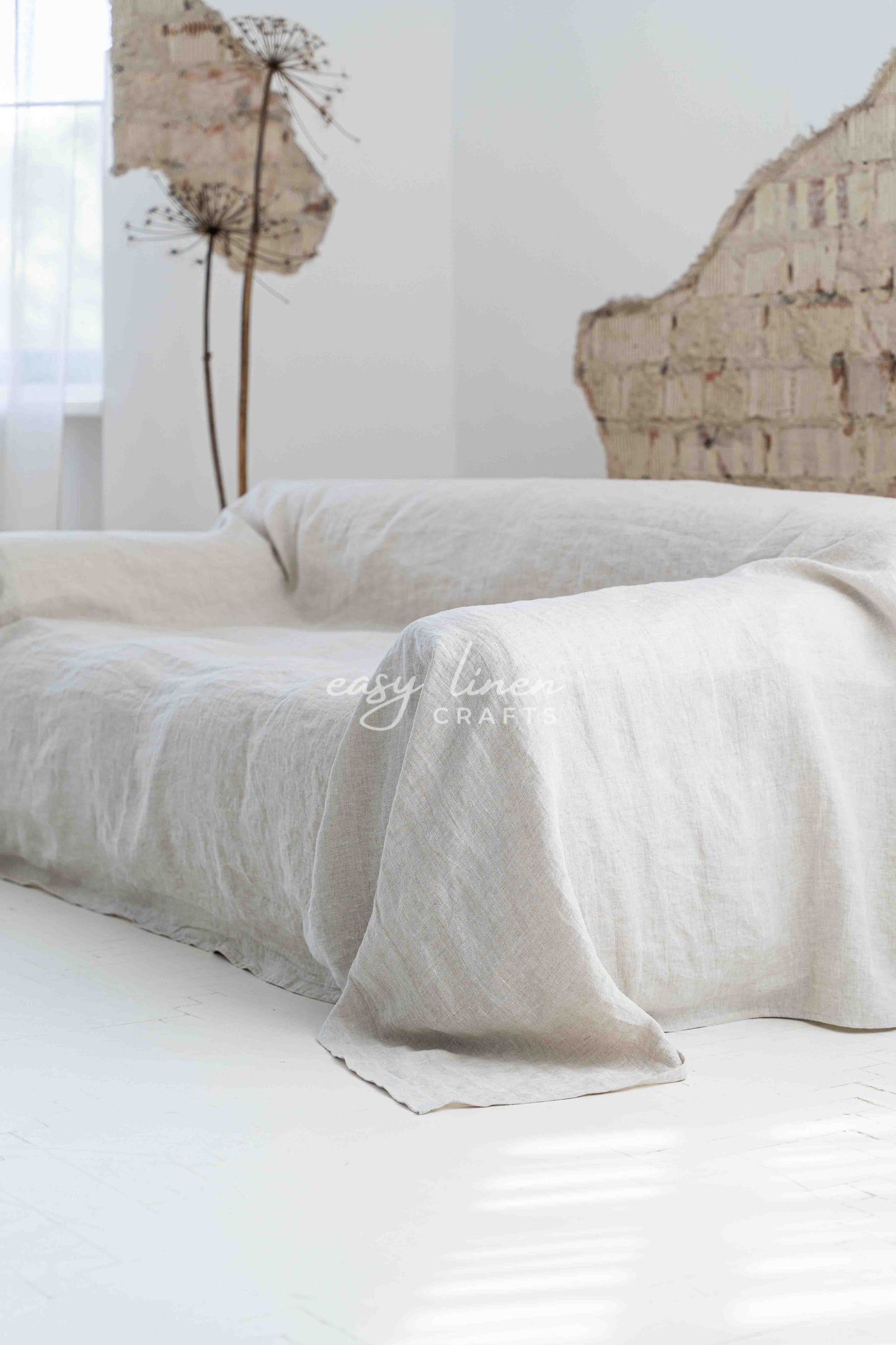 Linen couch cover in Natural Light color. Custom sizes available
